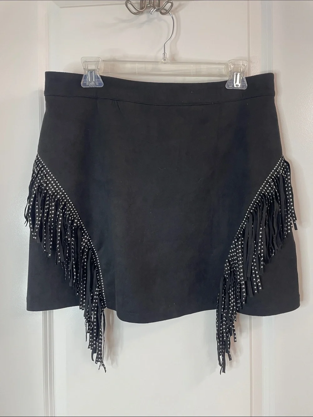 Black Fringed Mini Skirt with Stud Detail - Picture 1 of 4